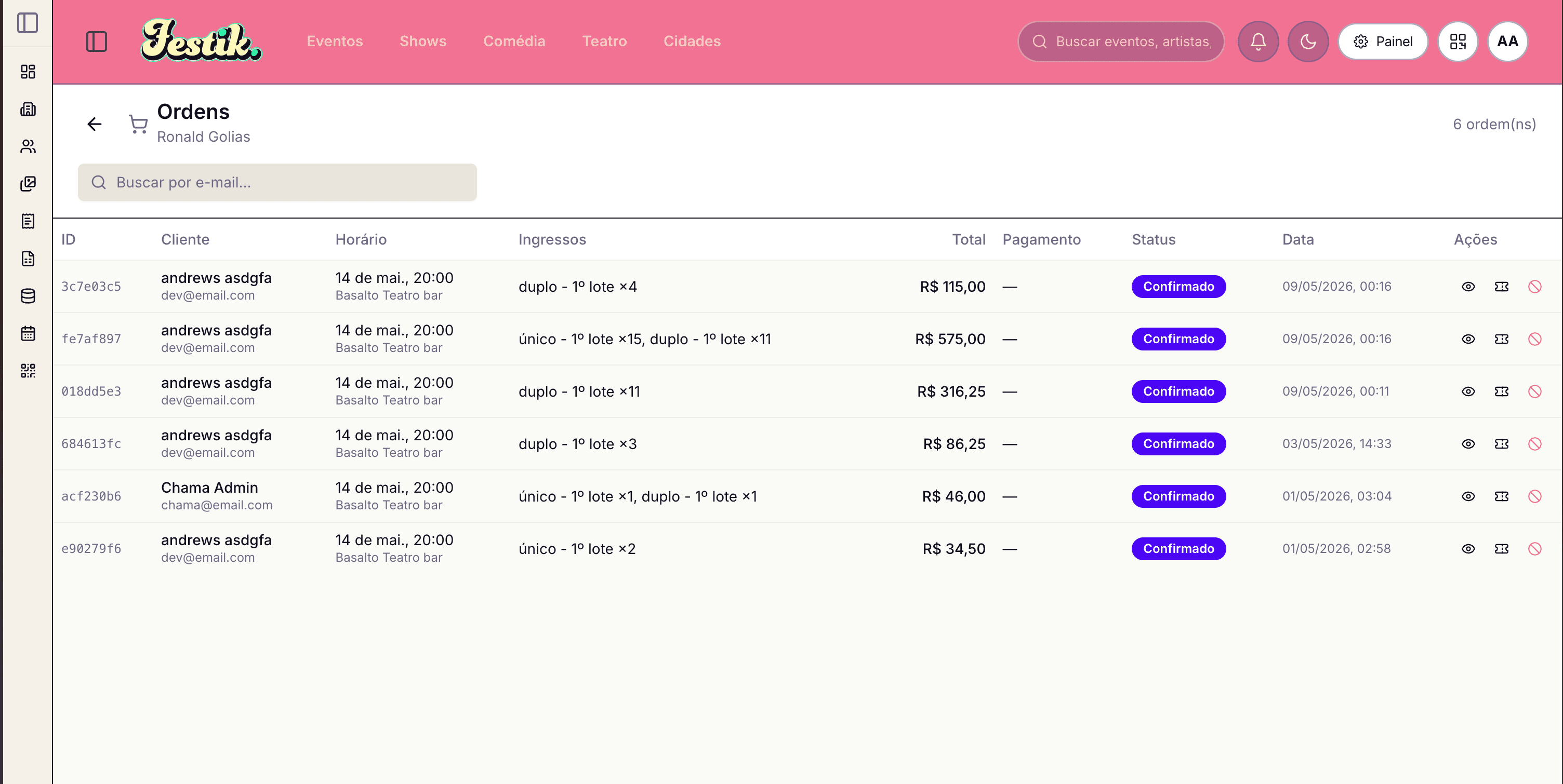 Lista de ordens com clientes, ingressos, total e status confirmado